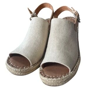 Toms Women's Beige Canvas Espadrille Wedge Sandals Slingback Buckle Size 8.5